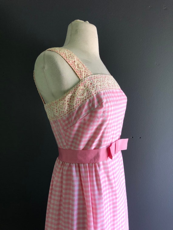 Pink and white Gingham dress - late 1960s dress -… - image 3