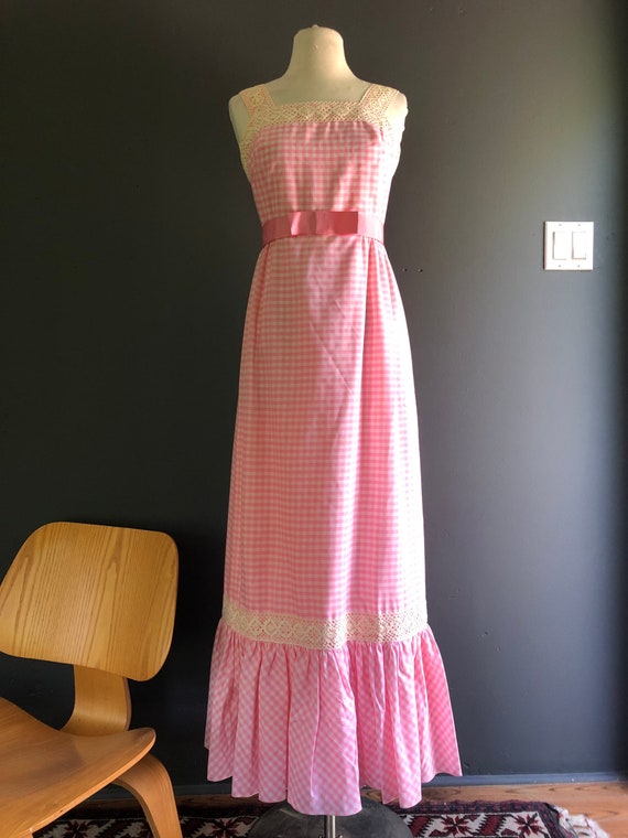 Pink and white Gingham dress - late 1960s dress -… - image 1