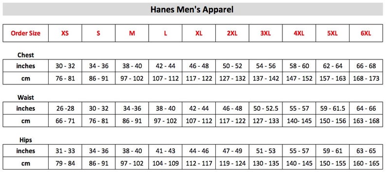 Puede incluir: Tabla de tallas para ropa de hombre, que muestra las medidas de pecho, cintura y cadera en pulgadas y cent&iacute;metros para las tallas XS a 6XL.