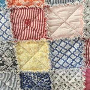 K&ouml;nnte beinhalten: Eine Patchwork-Decke mit verschiedenen Mustern und Farben, darunter Blau, Rot, Wei&szlig; und Gelb. Die Decke besteht aus zusammengen&auml;hten Stoffquadraten und die Kanten sind mit einem R&uuml;schenbesatz versehen.