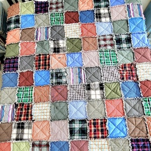 K&ouml;nnte beinhalten: Eine Patchwork-Decke aus Quadraten aus verschiedenen karierten Stoffen in Blaut&ouml;nen, Gr&uuml;n, Rot, Braun und Wei&szlig;. Die Decke ist mit einer ausgefransten Kanten-Technik gefertigt, was ihr einen rustikalen Look verleiht.
