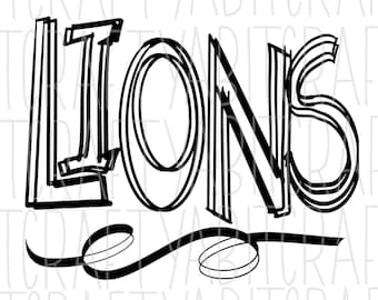 May include: Black and white graphic design of the word "LIONS" with a decorative flourish underneath.