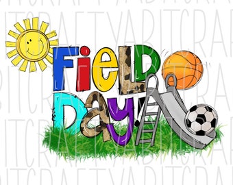 May include: Colorful text that reads "Field Day" with a yellow sun, a basketball, a soccer ball, and a slide with a ladder. The text is surrounded by green grass.