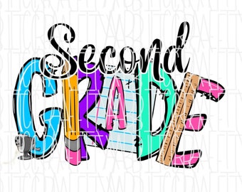 Segundo/2do grado Multicolor PNG multicolor/Doodle Lápiz y papel/Sublimación de regreso a la escuela/Sublimación de maestros/Lectura, descarga digital