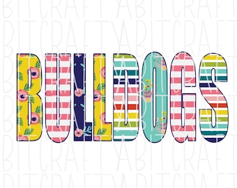 Può includere: La parola "Bulldogs" è scritta in grandi lettere in grassetto. Ogni lettera è riempita con un diverso motivo colorato, tra cui strisce, motivi floreali e pois.