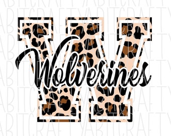 May include: A white letter W with a leopard print pattern inside. The letter is outlined in black and white. The word "Wolverines" is written in black cursive script inside the letter.