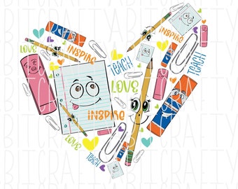 School Heart/Love Teaching/Back to School/School Supplies/Educator/Para/Teacher PNG/Sublimation/Digital Download, Print then Cut, DTG