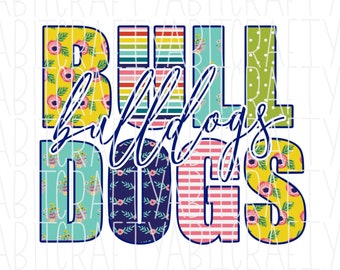Può includere: Un design grafico colorato con il testo "Bulldogs" in una varietà di motivi e colori. Le lettere sono contornate di nero e hanno una varietà di motivi floreali, a righe e a pois.