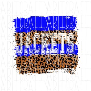 May include: A blue and brown graphic with the word "JACKETS" in white text. The graphic has a distressed look and features a leopard print pattern.