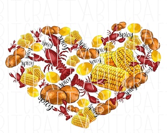 May include: A heart-shaped arrangement of red crawfish, yellow corn on the cob, and potatoes, with the word "Spicy" written on several of the items.
