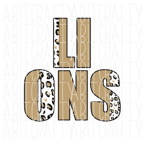 Könnte beinhalten: Ein braunes und weißes Leopardenmuster mit den Worten "Lil" und "Lions" in braunem Text.