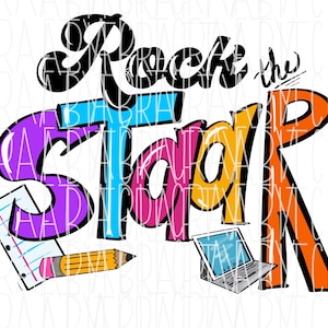 May include: Colorful graphic text that reads "Rock the Star" with a pencil, notebook, and laptop computer.