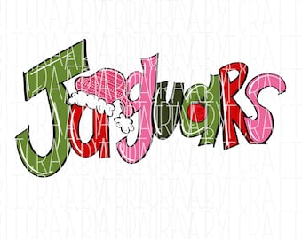 May include: A festive design featuring the word "Jaguars" in a colorful, hand-drawn style. The letters are in shades of green, red, and pink, with a red and white Santa hat on the "J".
