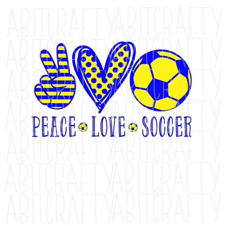 May include: Peace, love, and soccer graphic design with a peace sign, heart, and soccer ball in blue and yellow colors.