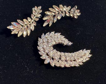 Clear Rhinestone BROOCH and Complimentary Clip or Pierced EARRUBGS