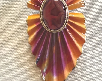 Artist Made BROOCH, Pleated Paper Coated with Resin, Resin Stone