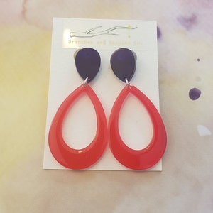 Fluorescent Pink and Dark Purple Teardrop Resin Earrings