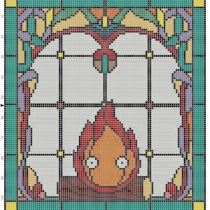 May include: A stained glass window design featuring a stylized figure with a red, orange, and yellow flame-like head. The figure is surrounded by a border of green, blue, and purple glass.