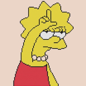 Könnte beinhalten: Eine gelbe Comicfigur mit einem roten Kleid und einem frustrierten Gesichtsausdruck. Die Figur hat gelbes Haar und schaut mit einem Stirnrunzeln nach unten.