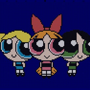 May include: Three cartoon girls with large eyes and bright colours. The girl on the left has blonde hair and a blue dress. The girl in the middle has orange hair and a pink dress. The girl on the right has green hair and a green dress.