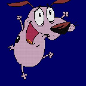 May include: A cartoon illustration of a pink dog with brown ears and a big smile. The dog is jumping in the air with its legs outstretched. The background is a solid blue color.