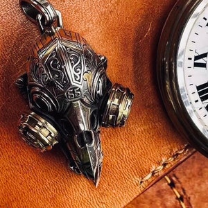 Steampunk Mechanical Raven Silver Pendant/ Crow Skull with Headphones/ Original Exclusive Limited Silver Steampunk Raven Necklace/ Chase Sun