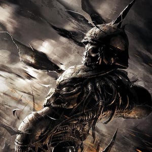 May include: A digital illustration of a skeletal figure with a horned helmet and intricate armor. The artwork features a dark, monochromatic color scheme with dynamic shading and sharp, angular details, evoking a sense of fantasy and the macabre.