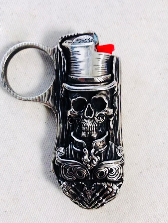Metal Lighter Case for BIC Lighters, Lighter Protector and Bottle Opener -  Biker Skull