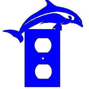 May include: Blue dolphin wall plate cover for a double electrical outlet. The dolphin is jumping out of the water and has a white stripe on its body.