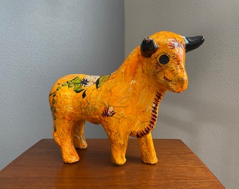 Vintage 14 1/2" Paper Mache Bull in Orange Folk Art Mexico