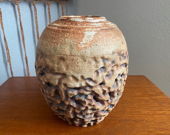 Unique Vintage Textured and Pierced Studio Pottery Vase Handmade MCM Signed