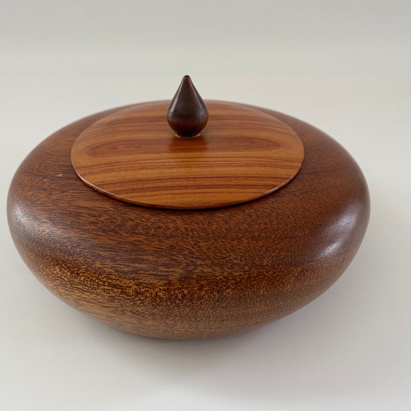 Vintage Hand turned Wooden Trinket Box in Mahogany and Tulipwood