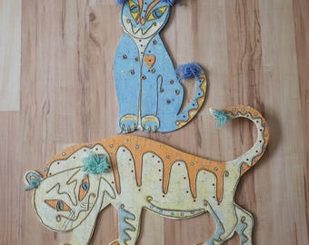 Jeanne Valentine Large Paper Mache Cat Wall Hangings 1960s Mexico