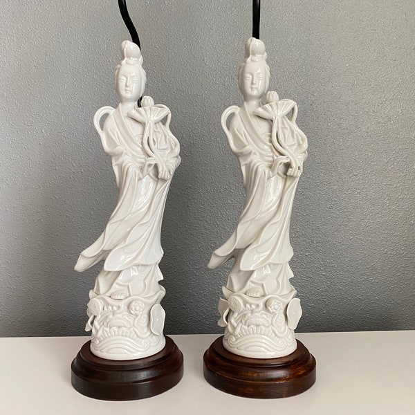 Vintage Pair Blanc De Chine Chinoiserie Porcelain Guanyin Goddess Lamps by Toyo Japan