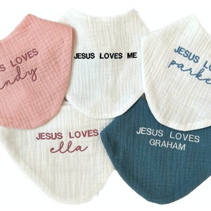 CUSTOM BABY BIB, Jesus Loves Me Bib, Embroidered, Custom Baby Gift, Christian Gift, Name Bib, Newborn Gift, Baby Shower Gift, happy tops