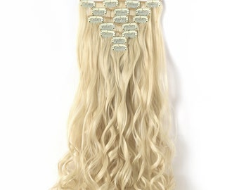 20" Curly Clip in Hair Extensions - Full Head 7 pcs Synthetic Hair Pieces (613#-Pre Bleach Blonde)