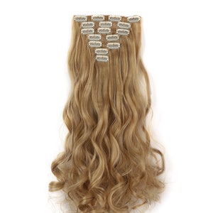 20" Curly Clip in Hair Extensions - Full Head 7 pcs Synthetic Hair Pieces (27X/613 Highlights)