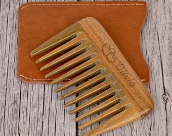 Personalized Handmade Sandalwood Wooden Comb , with Faux Leather Travel Case ,Custom Beard Comb, Beard Gift  (Extra Wide Tooth Pocket Comb)