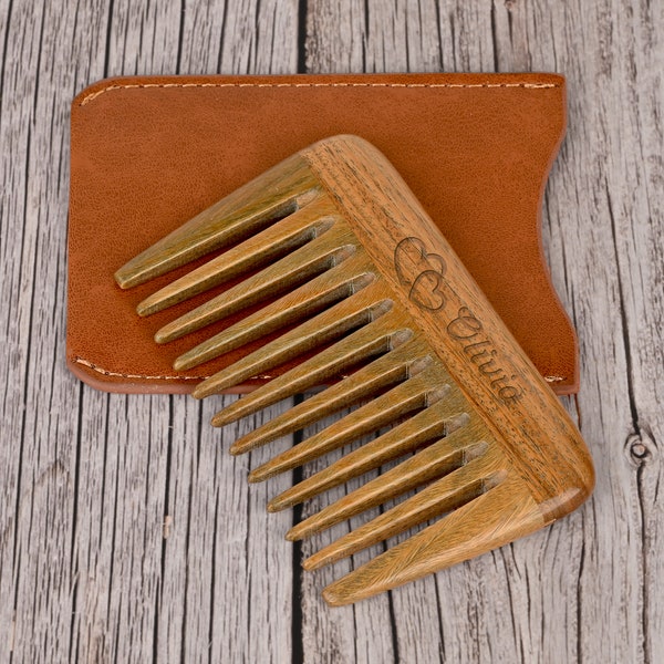 Personalized Handmade Sandalwood Wooden Comb , with Leather Travel Case ,Custom Beard Comb, Beard Gift Set (Extra Wide Tooth Pocket Comb)