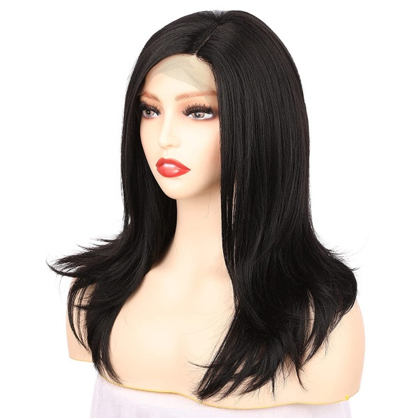18 Inch Kanekalon Futura Synthetic Hair 130% Density Straight Lace Front Side Part Long Wig(1B# - Black)