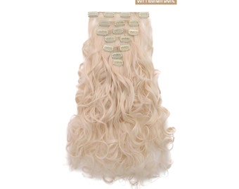 20" Curly Clip in Hair Extensions - Full Head 7 pcs Synthetic Hair Pieces (60#-Platinum Blonde)