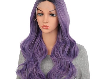 24 Inch Synthetic Curly Lace Front Wig - Glueless Middle Part Dark Root Wigs for Women (Purple)