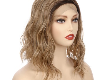 Side Part Lace Front Short Wavy Hair Bob Wigs for Women (Dark Blonde Evenly Blended & Platinum Blonde with Dark Roots)