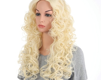 Long Hair Curly Wavy Full Head Halloween Wigs Cosplay Costume Party Hairpiece (Pale Blonde)