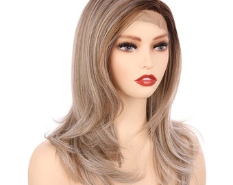 18 Inch Kanekalon Futura Synthetic Hair  Straight Lace Front Side Part Long Wig (Light Ash Blonde  with Cool Platinum Blonde and Dark Roots)