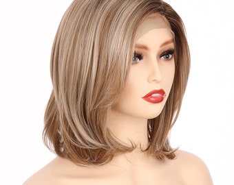 9.5 Inch Lace Front Relaxed Straight Bob Wig (Dark Natural Blonde Blended & Pale Golden Blonde with Dark Roots)