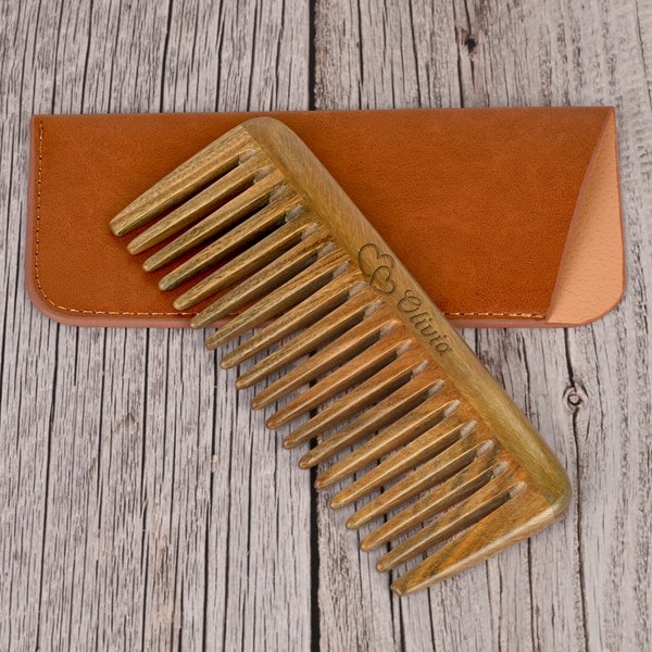Handmade Green Sandalwood Hair Comb, Wide Tooth Pocket Comb with Faux Leather Travel Case, Custom Wooden Comb, Personalized Gift for her him