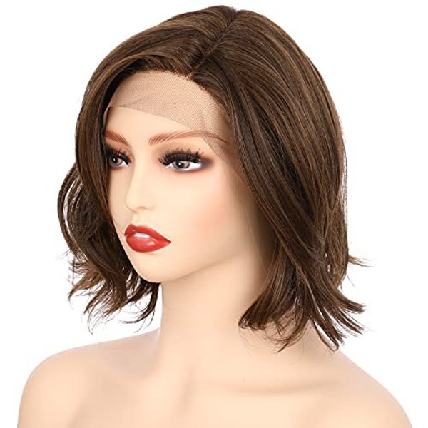 10 Inch Side Part Lace Front Short Wavy Hair Bob Wigs for Women (Medium Brown Evenly Blended with Warm Medium Brown)