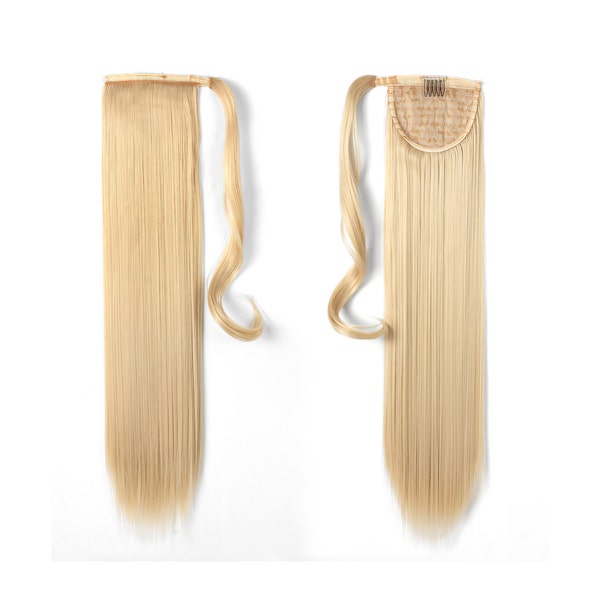 24" Long Straight Wrap Around Synthetic Hair Ponytail Extension 130g (613#-Pre Bleach Blonde)