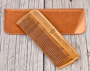 Personalized Green Sandalwood Hair Combs, Personalized Gift, Gift For Him, Wooden Comb with Travel Case, Custom Beard Comb